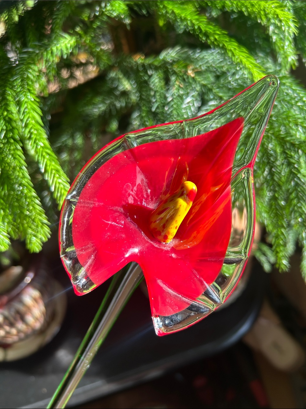 Handblown Long Stem Glass Calla Lily Red Green Glass Flower Murano Style 20"